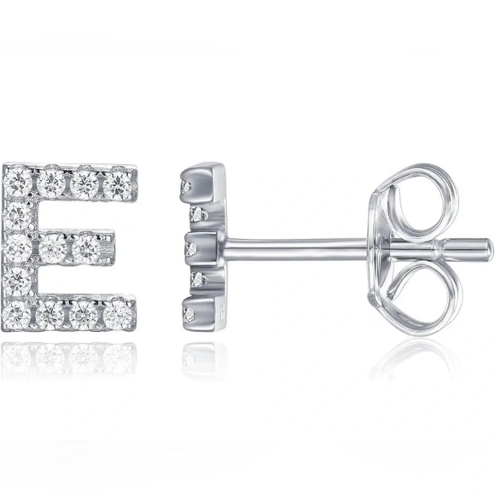 PAVOI 925 Sterling Silver CZ Initial E Stud Earrings White Gold Tone